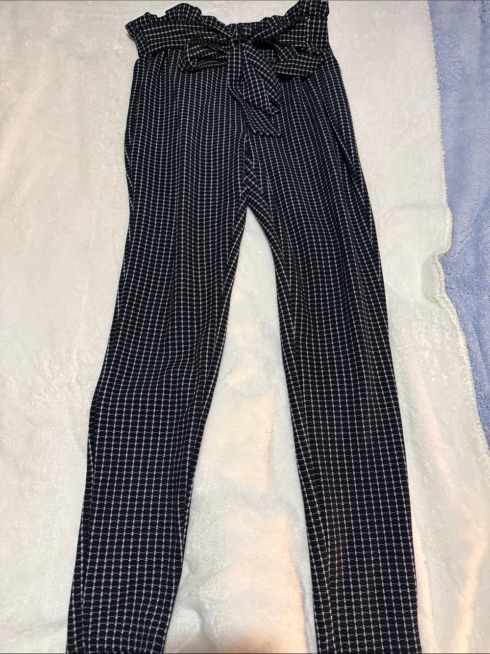 SHEIN Black Windowpane Paperbag Waist Skinny Trousers with Tie